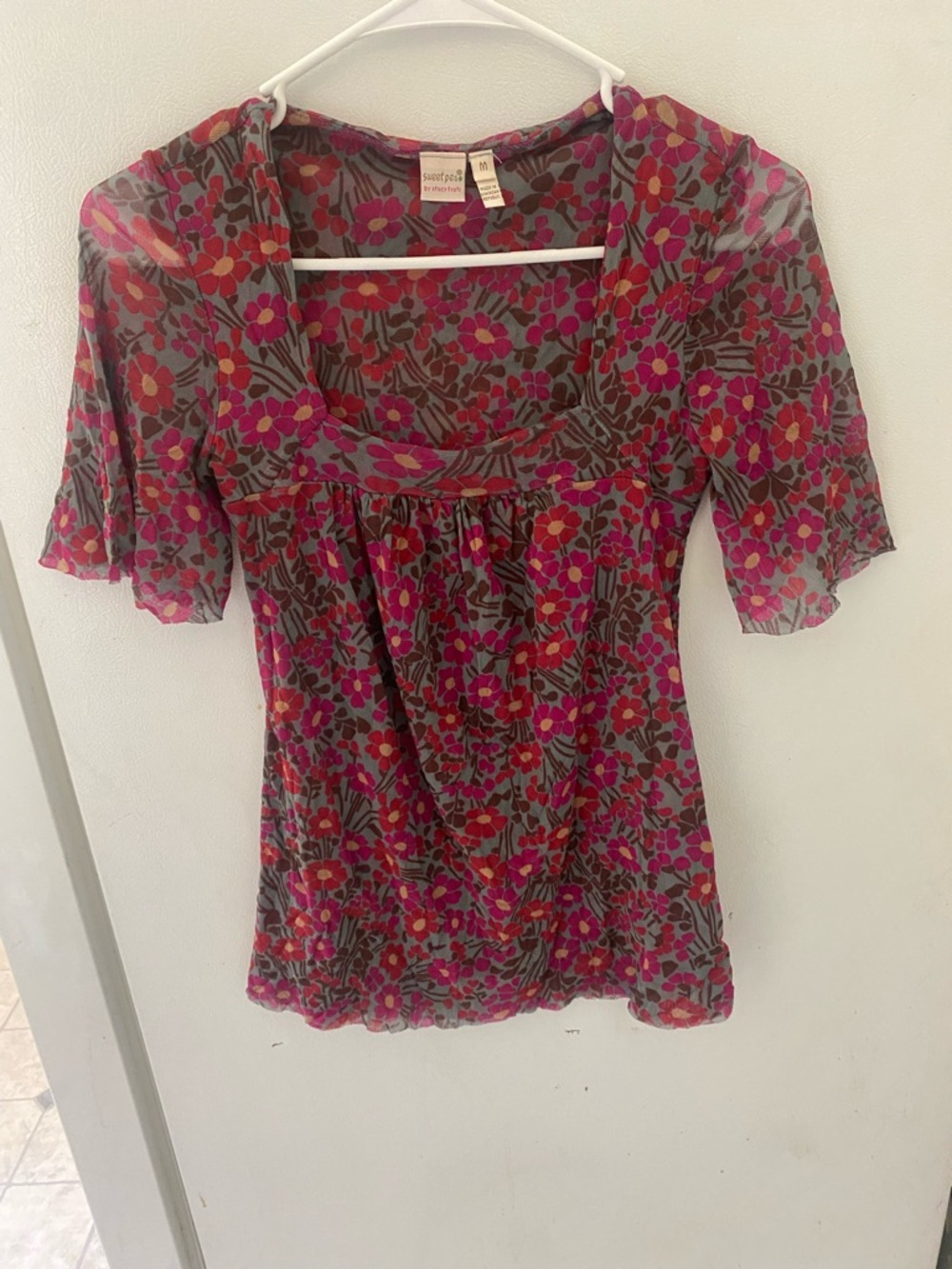 Sweet Pea by Stacy Frati Sheer Floral Scoop-Neck Top in Pink and Gray